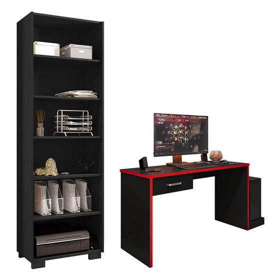 Imagem de Mesa para Computador Gamer DRX 9000 e Livreiro Office Preto Trama Vermelho - Móveis Leão