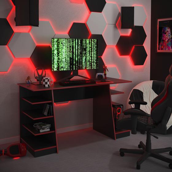 Mesa para Computador Gamer Star prateleiras - Preto/Vermelho - Humagui lojas LM Menor preço em Mesa para Computador Gamer Star prateleiras - Preto/Vermelho - Humagui lojas LM