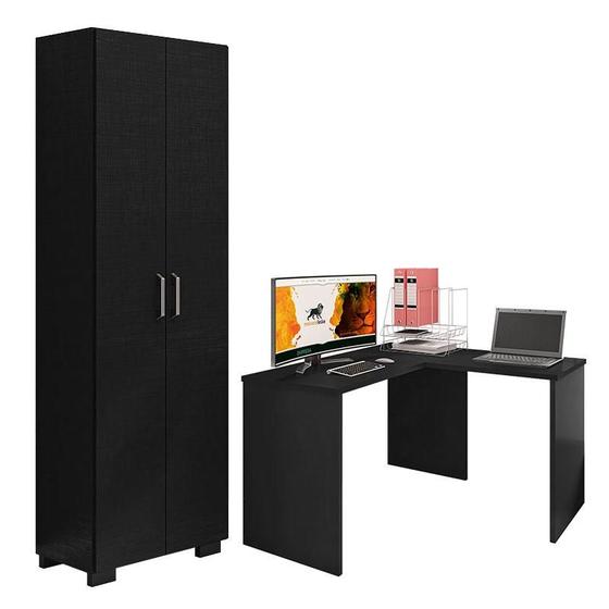 Imagem de Mesa para Computador Gávea com Extensora e Livreiro Office com Portas Grandes Preto Trama - Móveis Leão