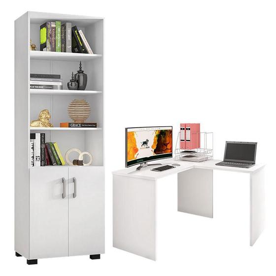 Imagem de Mesa para Computador Gávea com Extensora e Livreiro Office com Portas Pequenas Branco Trama - Móveis Leão