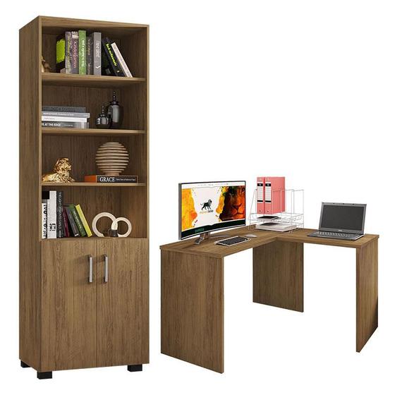 Imagem de Mesa para Computador Gávea com Extensora e Livreiro Office com Portas Pequenas Freijó - Móveis Leão