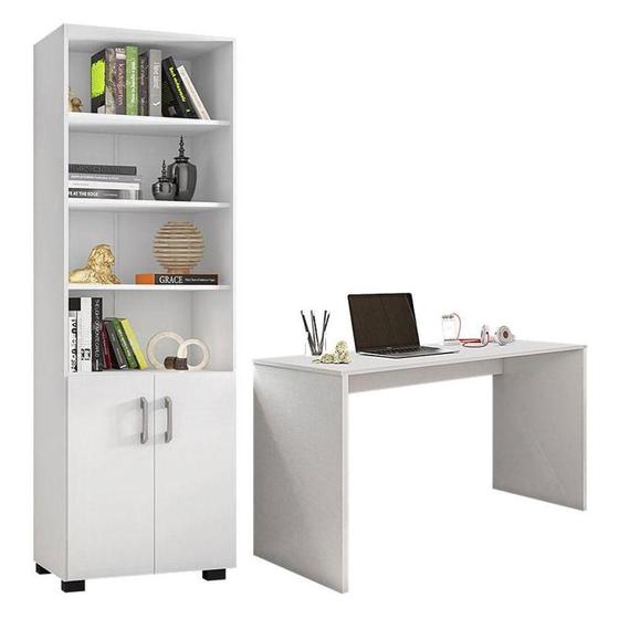 Imagem de Mesa Para Computador Gávea E Livreiro Office Com Portas Pequenas Branco Trama - Móveis Leão