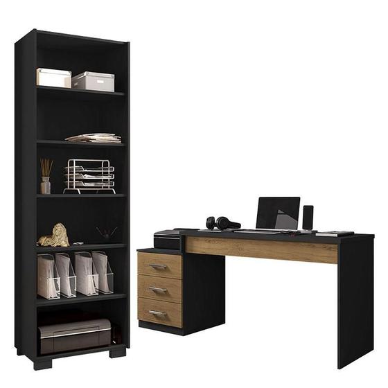 Mesa para Computador Petrópolis e Livreiro Office Preto Trama Freijó - Móveis Leão Menor preço em Mesa para Computador Petrópolis e Livreiro Office Preto Trama Freijó - Móveis Leão