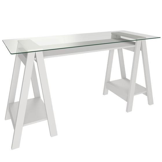 Imagem de Mesa Para Escritório Escrivaninha Home Office Tampo De Vidro 150x75 Cristal A02 Branco - Lyam Decor