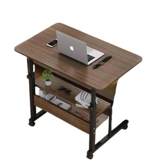 Imagem de Mesa para notebook 2 prateleiras altura ajustavel organizador estante home office cama rodinhas multiuso marrom