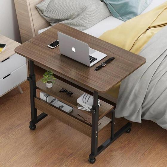 Imagem de Mesa para notebook altura ajustavel home office cama rodinhas e 2 prateleiras multiuso marrom