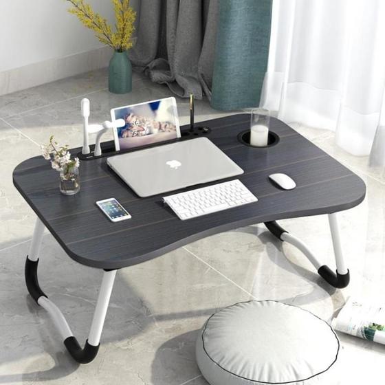 Imagem de Mesa para notebook home office com usb ventilador iluminação cama sofa dobravel portatil preta