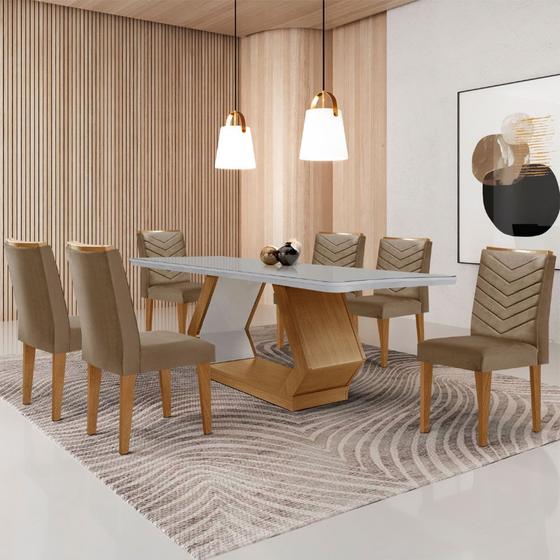 Imagem de Mesa para Sala de Jantar Alvorada 180cm MDF com Vidro Canto Copo e 6 Cadeiras Liz