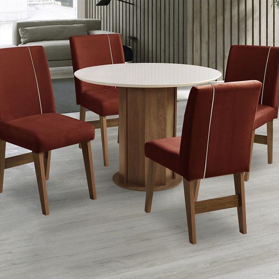 Mesa para Sala de Jantar com 04 Cadeiras Bari Cedro/Branco Off/Terracota Dobuê Menor preço em Mesa para Sala de Jantar com 04 Cadeiras Bari Cedro/Branco Off/Terracota Dobuê