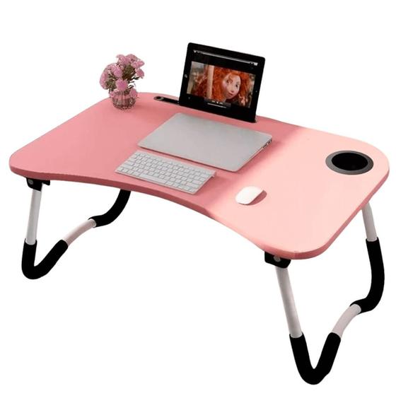 Imagem de Mesa Portátil Notebook Rosa MDF Dobrável Estudar Trabalhar