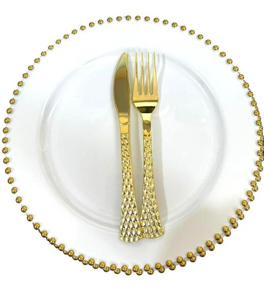 Imagem de Mesa Posta 6Un Prato 26Cm Acrílico Dourado + Garfo E Faca