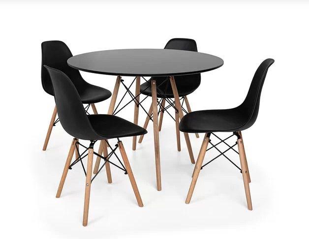 Imagem de Mesa Redonda 90cm Com 4 Cadeiras Eames Eiffel Pés De Madeira Moderna Jantar Cozinha Preta