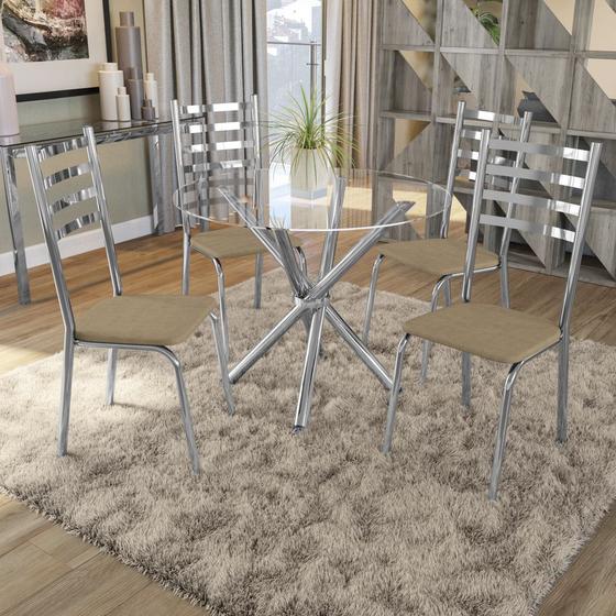 Imagem de Mesa Redonda com 4 cadeiras Assento Estofado Estrutura Cromada e Tampo de Vidro Incolor CMC734 Kappesberg Crome