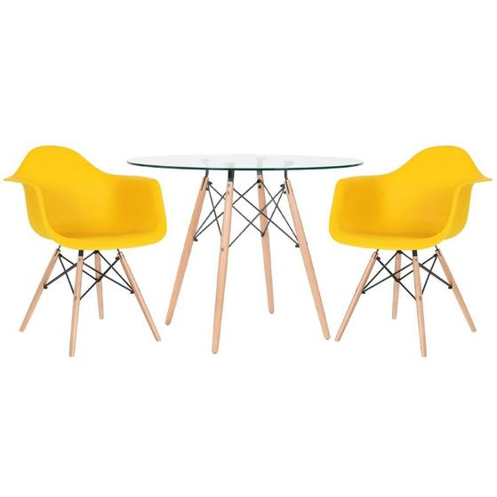 Imagem de Mesa redonda Eames com tampo de vidro 100 cm + 2 cadeiras Eiffel DAW