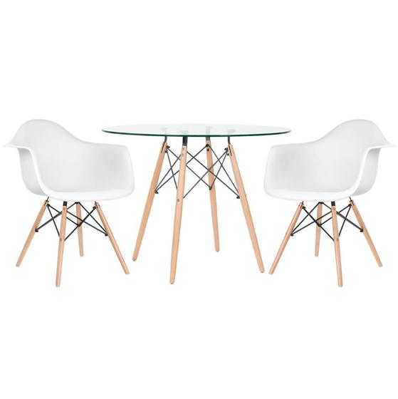 Imagem de Mesa redonda Eames com tampo de vidro 100 cm + 2 cadeiras Eiffel DAW