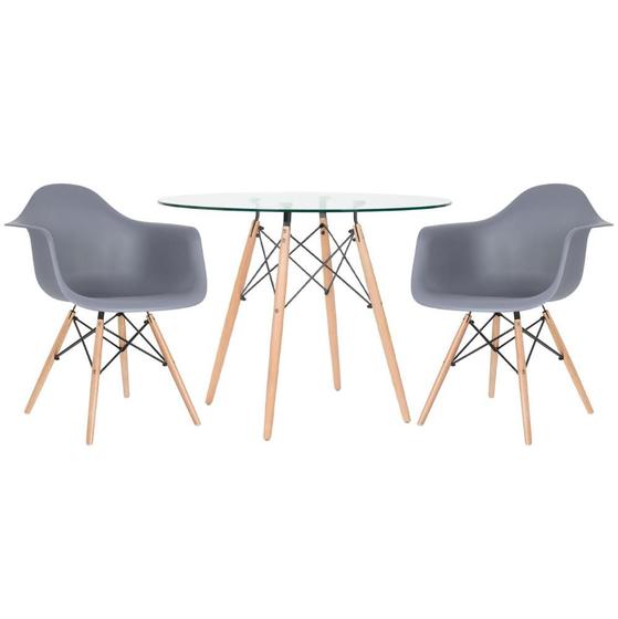 Imagem de Mesa redonda Eames com tampo de vidro 100 cm + 2 cadeiras Eiffel DAW