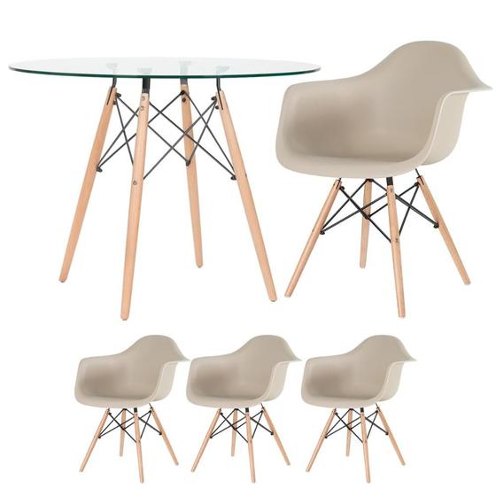 Imagem de Mesa redonda Eames com tampo de vidro 100 cm + 3 cadeiras Eiffel DAW