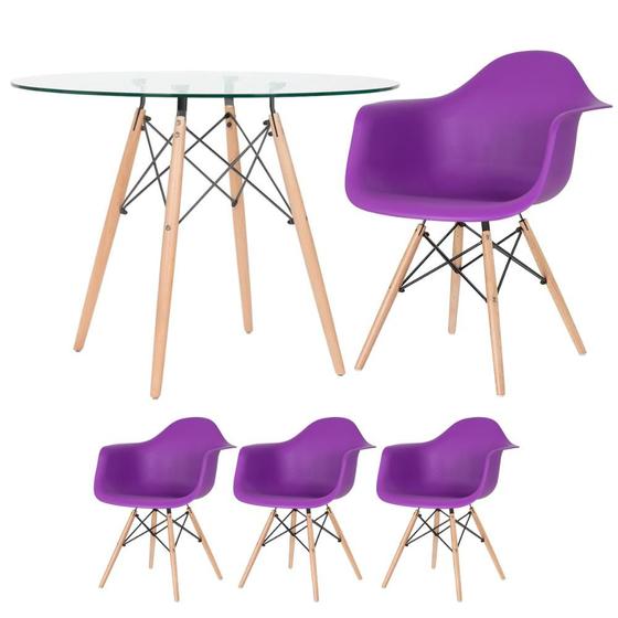 Imagem de Mesa redonda Eames com tampo de vidro 100 cm + 3 cadeiras Eiffel DAW