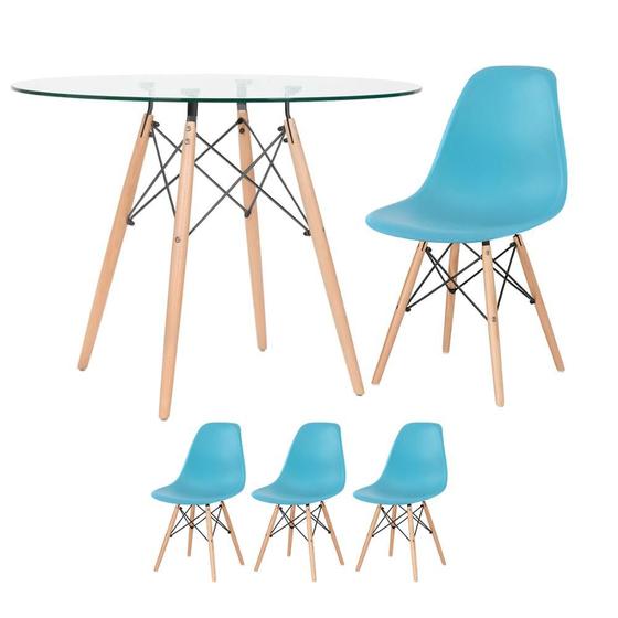 Imagem de Mesa redonda Eames com tampo de vidro 100 cm + 3 cadeiras Eiffel DSW