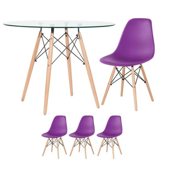 Imagem de Mesa redonda Eames com tampo de vidro 100 cm + 3 cadeiras Eiffel DSW