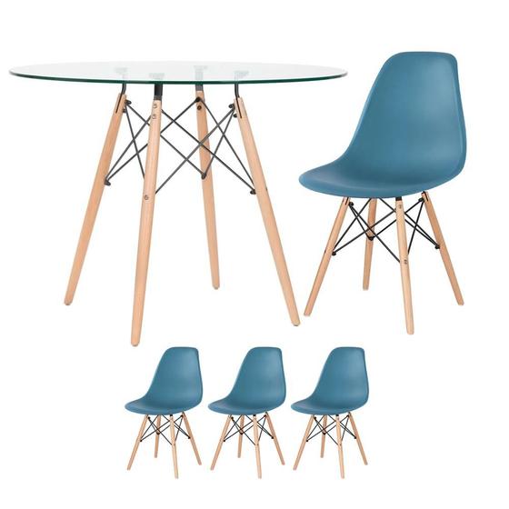 Imagem de Mesa redonda Eames com tampo de vidro 100 cm + 3 cadeiras Eiffel DSW