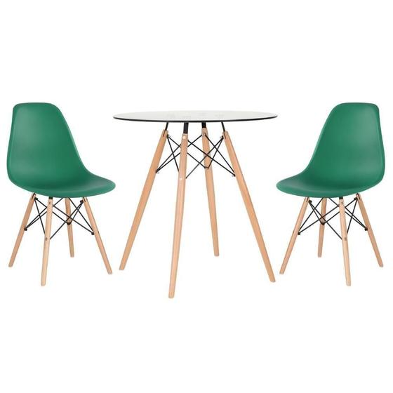 Imagem de Mesa Redonda Eames Com Tampo De Vidro 70 Cm + 2 Cadeiras Eiffel Dsw Verde Escuro