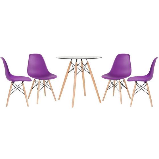 Imagem de Mesa Redonda Eames Com Tampo De Vidro 70 Cm + 4 Cadeiras Eiffel Dsw Roxo