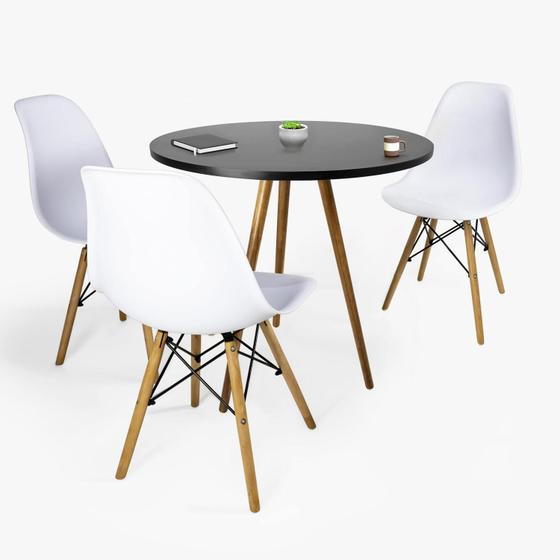 Imagem de Mesa Redonda Mdf 70cm Vintage Tripé +3 Cadeiras Eiffel Eames