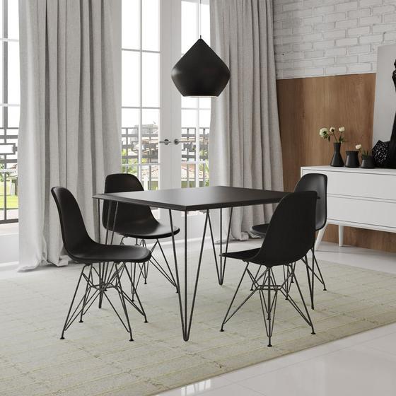 Imagem de Mesa Sala de Jantar Industrial Clips Quadrada Preta 90 com 4 Cadeiras Eiffel Pretas Ferro Preto