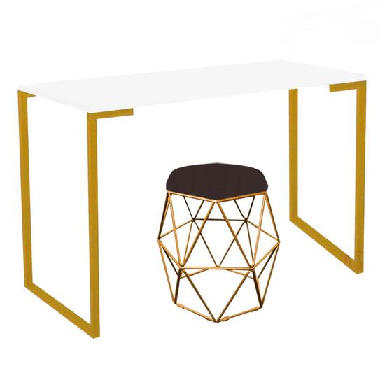 Imagem de Mesa Stan Industrial Escritório e Home Office com Puff Luna material sintético Marrom Dourado Tampo Branco - Ahz Móveis