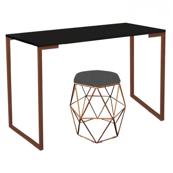 Imagem de Mesa Stan Industrial Escritório e Home Office com Puff Luna Suede Cinza Bronze Tampo Preto - Ahz Móveis