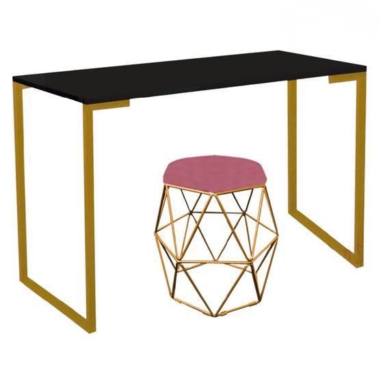 Imagem de Mesa Stan Industrial Escritório e Home Office com Puff Luna Suede Rose Gold Dourado Tampo Preto - Ahz Móveis