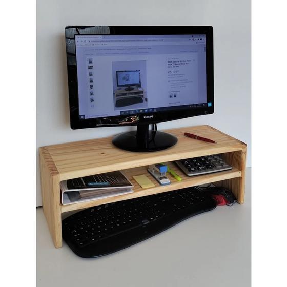 Imagem de Mesa Suporte Monitor Tv Notebook Com Prateleira Madeira