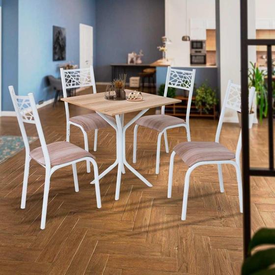 Imagem de Mesa Tubular com 4 Cadeiras em Aço Branco Carvalho com Estofado Capuccino Kone Jm Móveis