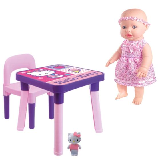 Imagem de Mesinha C/ Cadeira Infantil Hello Kitty + Boneca Faz Xixi