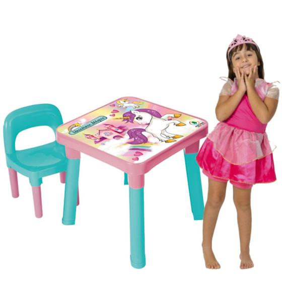 Imagem de Mesinha Cadeira Infantil Unicórnio +Fantasia Princesa Rosa