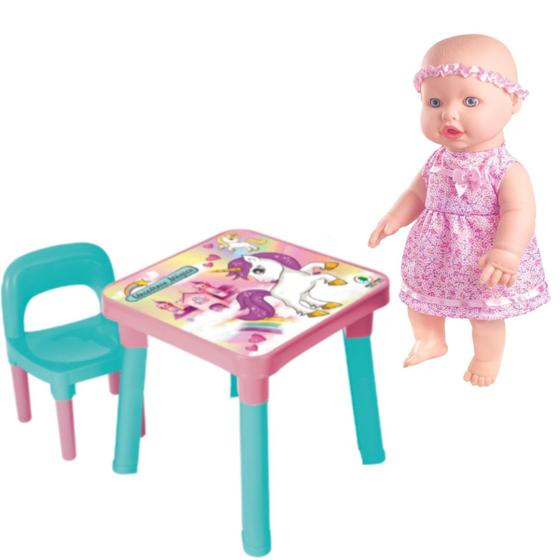 Imagem de Mesinha Com Cadeira Didática Unicórnio + Boneca Sapekinha