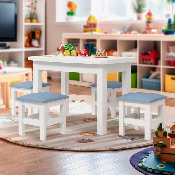 Imagem de Mesinha Infantil Madeira Maciça 88x54 Com 4 Banquetas Branco Com Estofado Azul Lesus Shop Jm