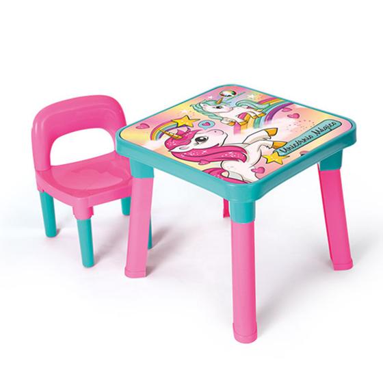 Imagem de Mesinha Infantil Mesa Com Cadeira Didática Plastico Criança Menino e Menina - Unicórnio
