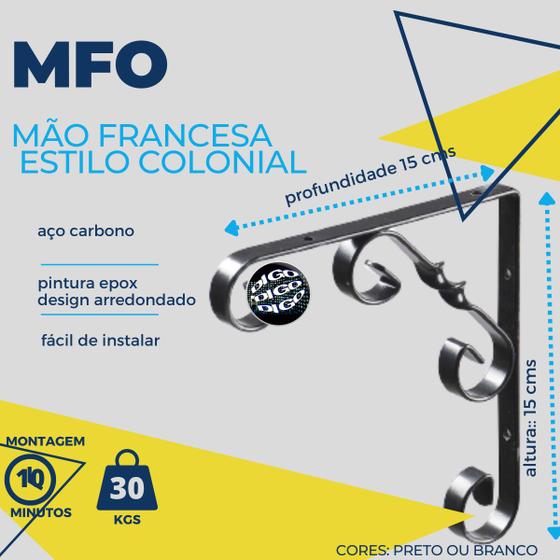 Imagem de MFO1515 MAO FRANCESA COLONIAL 15CM. Suporte com design colonial em L de aço carbono com 150x150x13mm. Espessura 2,5mm. (
