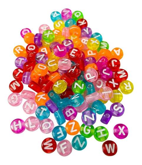 Imagem de Miçanga Infantil Redonda Aprox. 500 Letras Translucidas Entremeio Alfabeto de Fazer Pulseira Colar