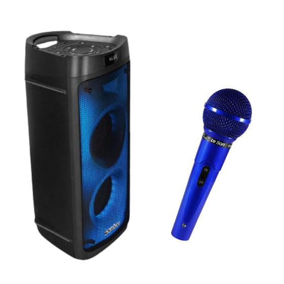 Imagem de Microfone Azul Com Fio Profissional P10 - LeSon + Caixa De Som Bluetooth Bomber Beatbox 1100