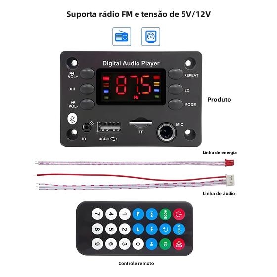 Imagem de Microfone Bluetooth 5.0 para Carro com Rádio FM, MP3 Player e Alto-falante