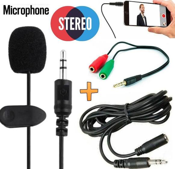 Imagem de Microfone De Lapela Profissional Para Celular Universal Android Iphone + Cabo Extensor Gravação de Vídeo Stereo Youtuber
