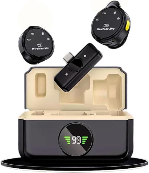 Microfone de Lapela Sem Fio Profissional Compatível iPhone/Tipo-C Moderno 2 Mini Microfones Redução - Microfone Lapela Redondinho Duplo Imã Tipo C Imagem de Microfone de Lapela Sem Fio Profissional Compatível iPhone/Tipo-C Moderno 2 Mini Microfones Redução