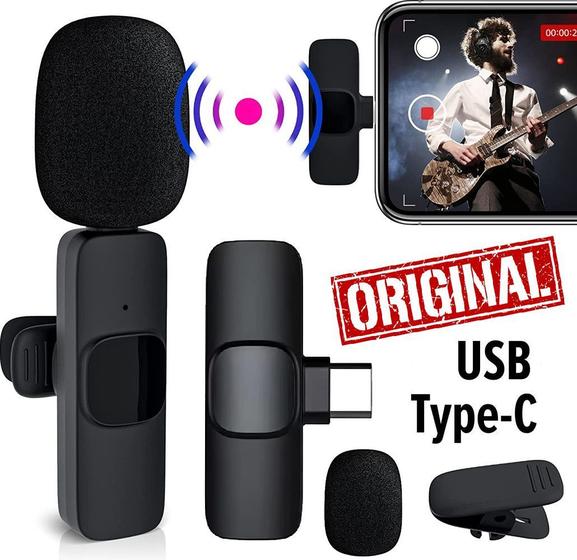Imagem de Microfone de Lapela Sem Fio Wireless Para Celular Smartphone Android Usb C Type C Profissional Gravação de Vídeo Clip-on