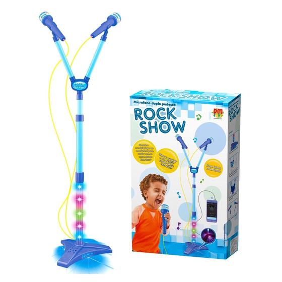 Imagem de Microfone Duplo Com Pedestal Infantil Azul Mp3 Com Luz