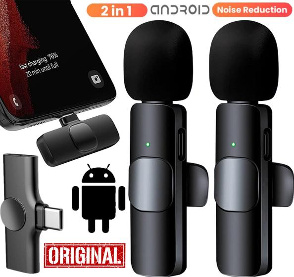 Imagem de Microfone Duplo de Lapela Sem Fio Profissional Para Smartphones Android e Aparelhos Entrada Usb C Tipo C Vídeos Podcast