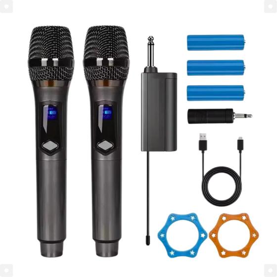 Imagem de Microfone Duplo Profissional Sem Fio Karaoke Bateria Dinâmico Com Espuma