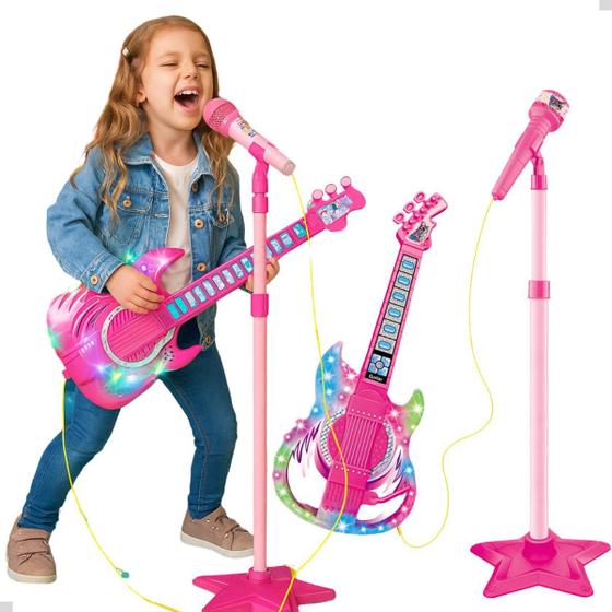 Microfone e Guitarra Infantil c/ Som luzes Música Conecta Celular - DM Toys Imagem de Microfone e Guitarra Infantil c/ Som luzes Música Conecta Celular